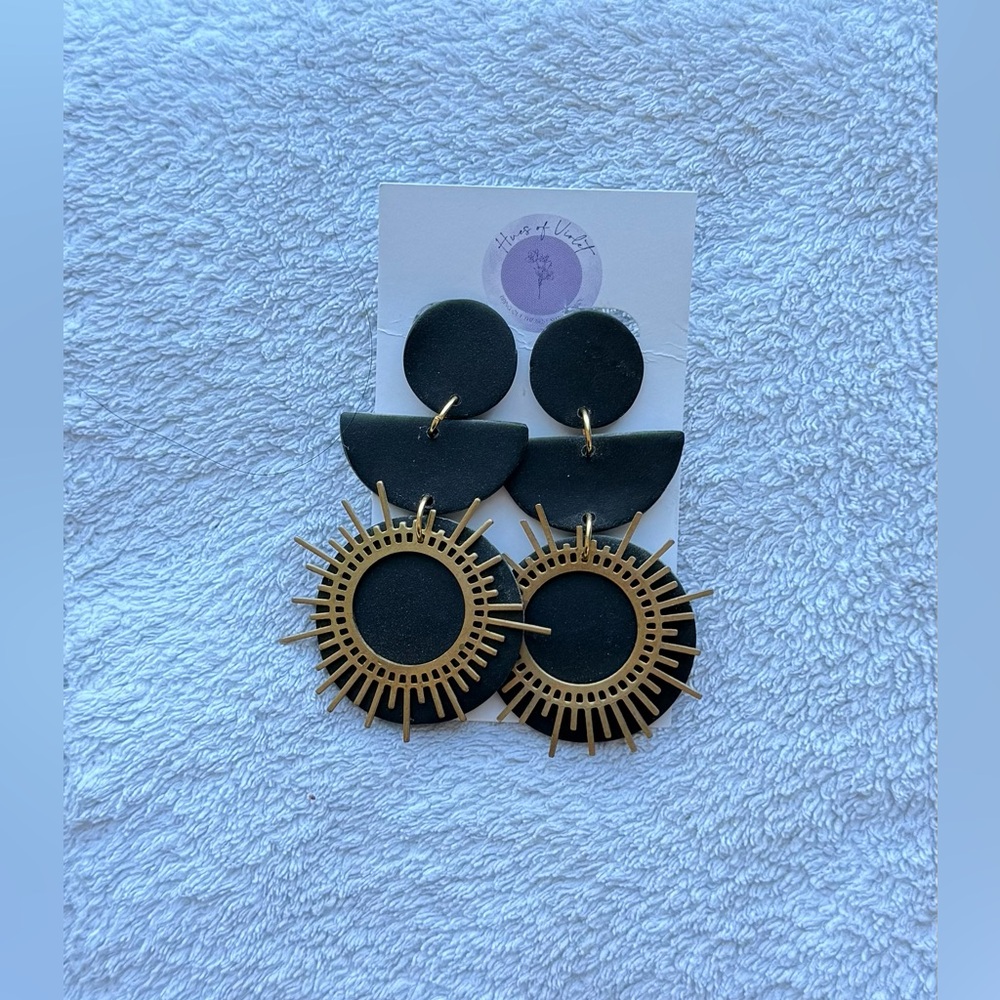 Black and Gold Clay Sunburst Earrings